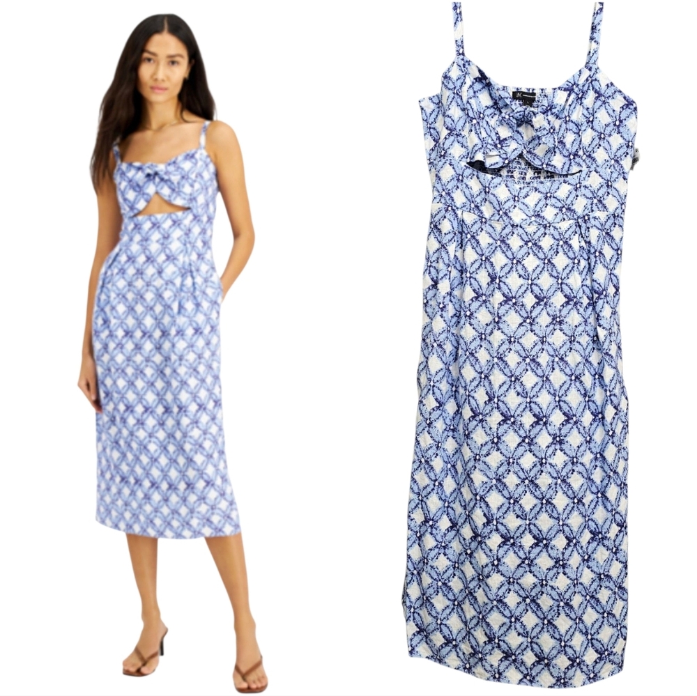 I.N.C. Resort Lorelai Latice Blue/White Linen Midi Dress Tie Bodice Slit On Side
